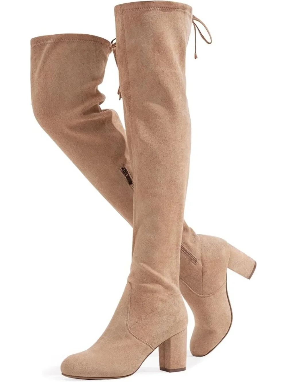 Women's Sand Suede Closed Round Toe Block Heel Over The Knee High Boots